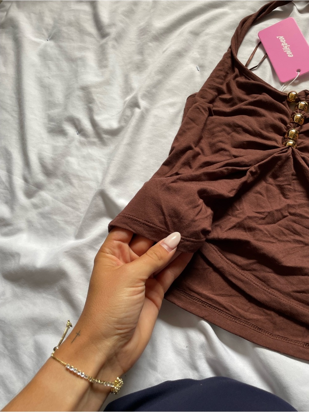 NEW WITH TAGS Edikted Chocolate Brown Ruched Front Tank Top - Picture 3 of 6